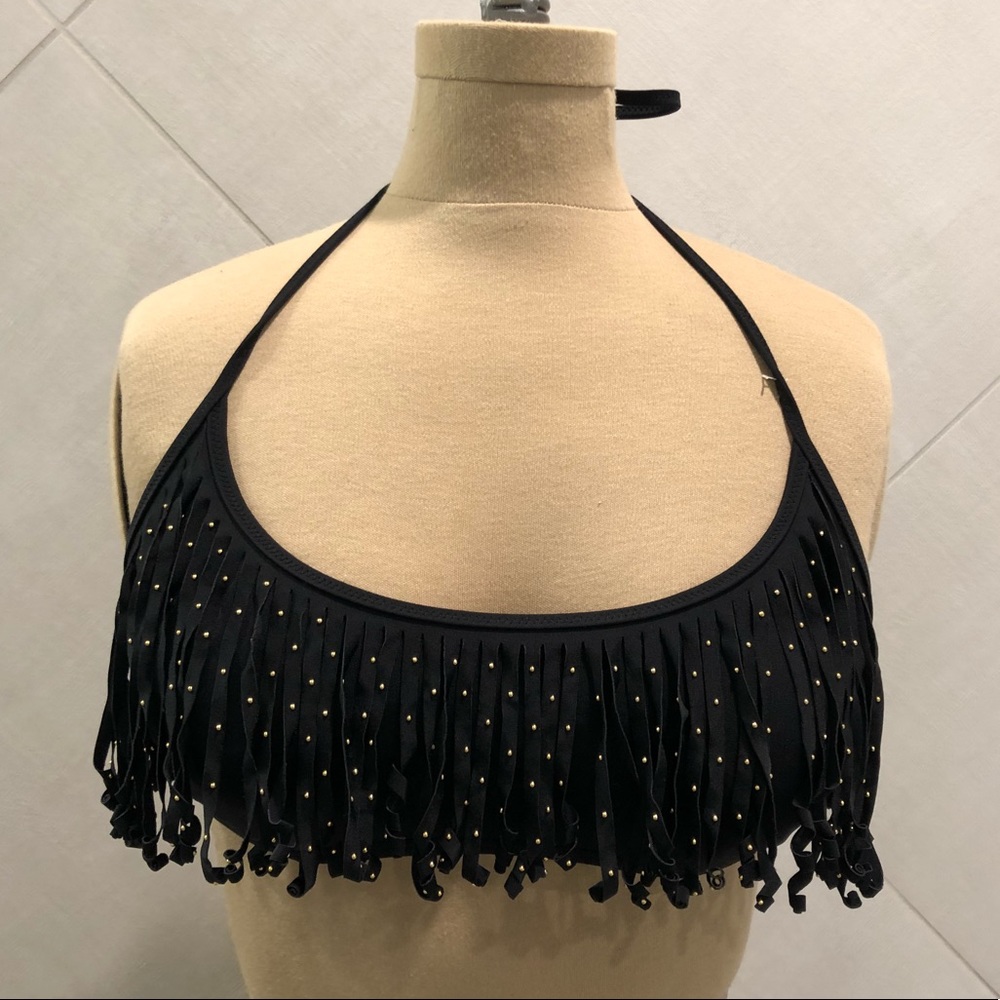 🌿Studded fringe black halter swim bikini top L